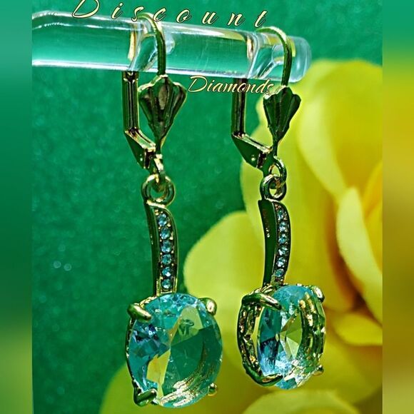 925 Aquamarine Dangle Diamond Jewelry - Aquamarine Gemstones 14K Yellow Gold On 925 Silver Leverback Earrings